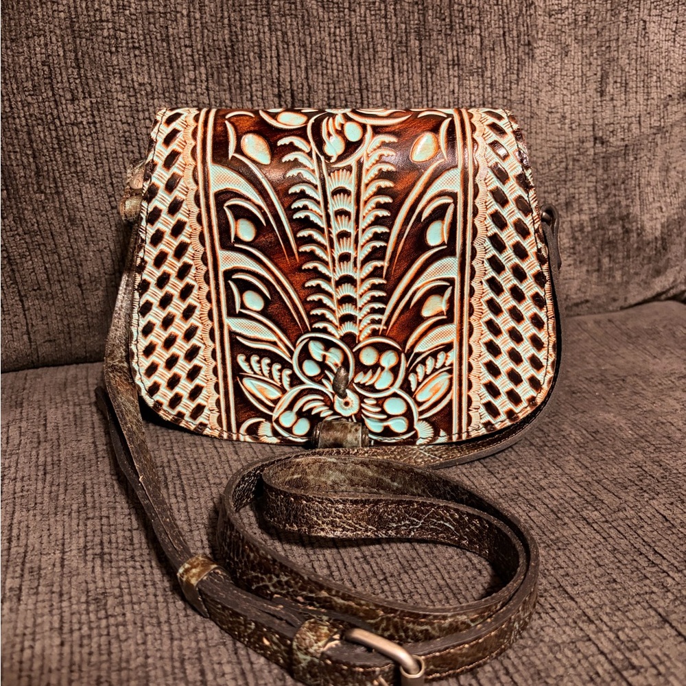 Patricia Nash Brown and Turquoise Floral Crossbody Bag